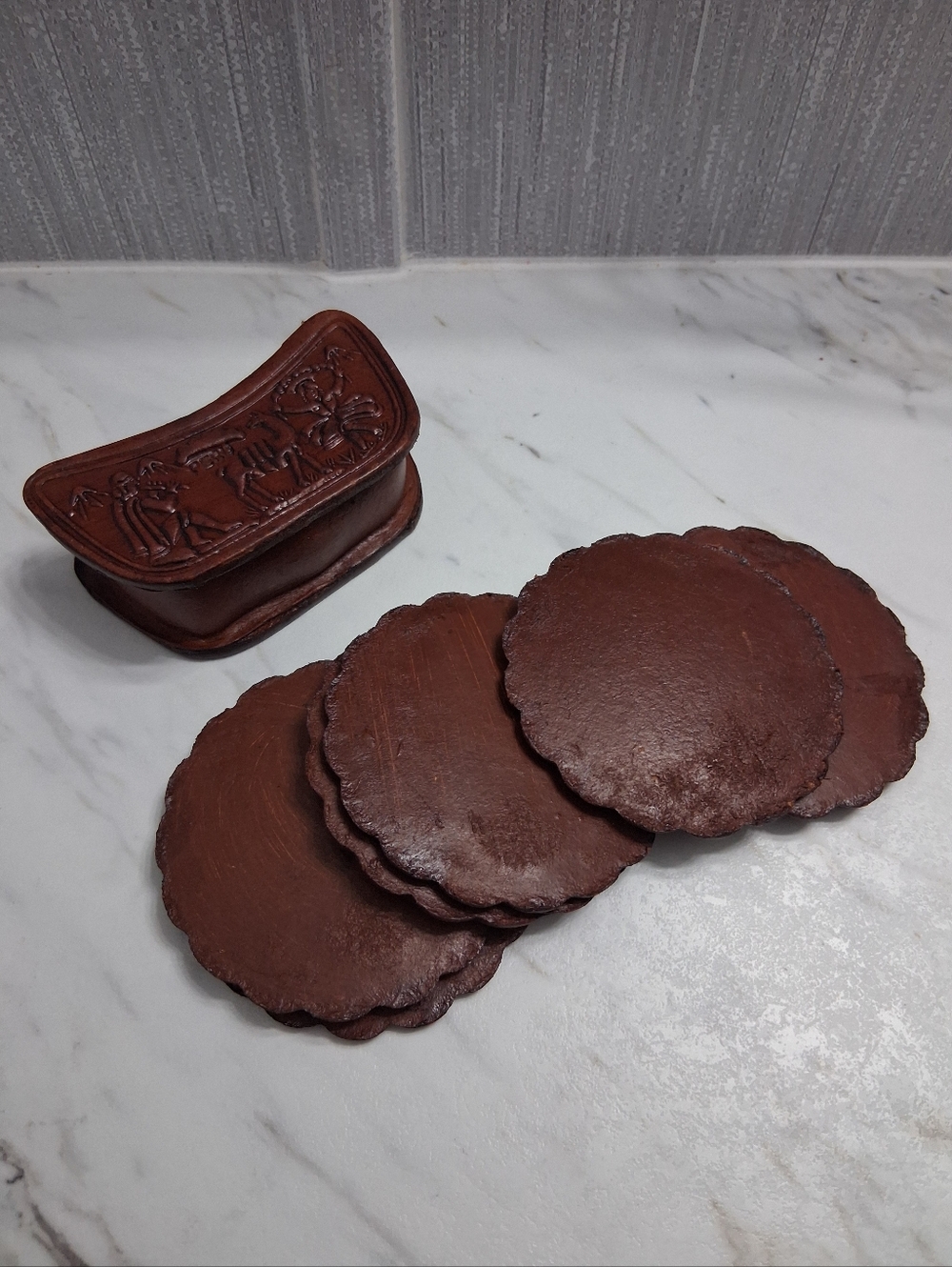 Vintage Hand-tooled Leather Coasters From Peru Artisan Handmade Set Of Six - Picture 9 of 10